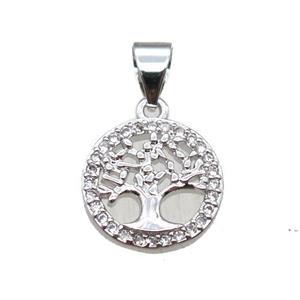 copper pendant paved zircon, tree of life, platinum plated, approx 11.5mm