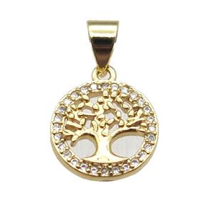 copper pendant paved zircon, tree of life, gold plated, approx 11.5mm