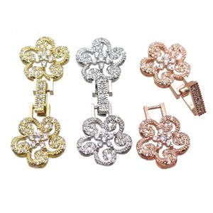 copper connector clasp paved zircon, flower, mixed color, approx 15-40mm