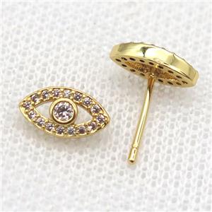 copper Stud Earrings paved zircon, eye, gold plated, approx 6-10mm