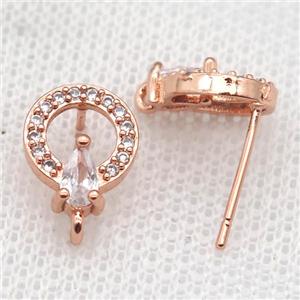 copper Stud Earrings paved zircon, circle, rose gold, approx 9mm