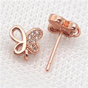 copper Stud Earrings paved zircon, butterfly, rose gold, approx 8mm