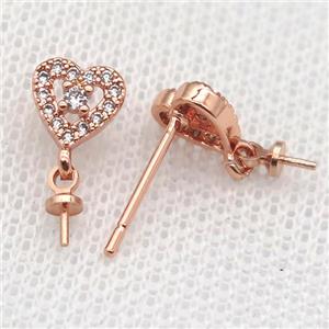 copper Stud Earrings paved zircon, heart, rose gold, approx 7mm