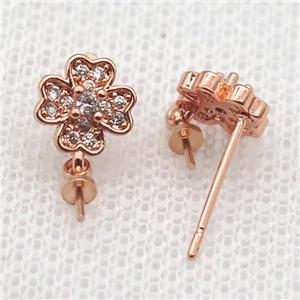 copper Stud Earrings paved zircon, clover, rose gold, approx 8mm