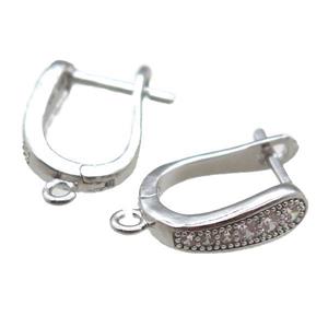 copper Latchback Earrings paved zircon, platinum plated, approx 12-16mm