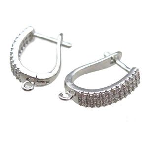 copper Latchback Earrings paved zircon, platinum plated, approx 15-18mm