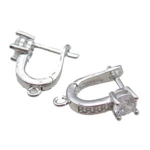 copper Latchback Earrings paved zircon, platinum plated, approx 14mm