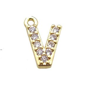 copper letter-V pendant paved zircon, gold plated, approx 5-8mm