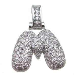 copper letter-M pendant paved zircon, platinum plated, approx 14-20mm