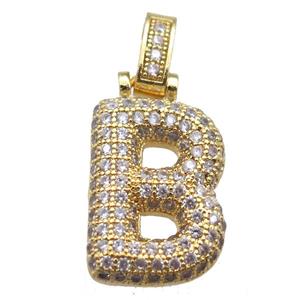 copper letter-B pendant paved zircon, gold plated, approx 14-20mm