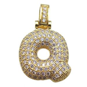 copper letter-Q pendant paved zircon, gold plated, approx 14-20mm