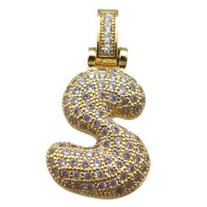 copper letter-S pendant paved zircon, gold plated, approx 14-20mm
