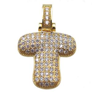 copper letter-T pendant paved zircon, gold plated, approx 14-20mm