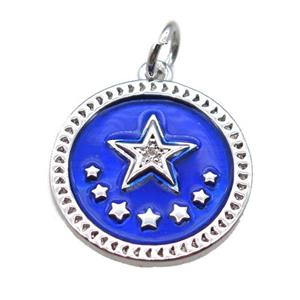 copper circle star pendant, blue enameling, platinum plated, approx 16mm dia