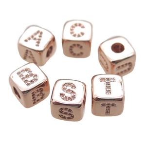 copper letter cube beads paved zircon, mixed alphabet, large hole, rose gold, approx 8.5mm, 4mm hole