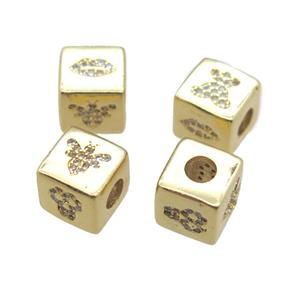 copper cube beads paved zircon, large hole, gold plated, approx 8.5mm, 4mm hole