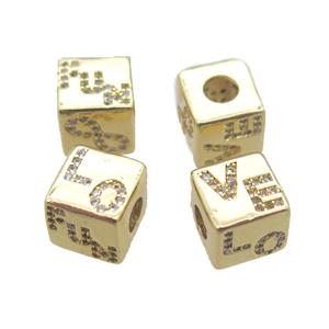 copper cube beads paved zircon, large hole, gold plated, approx 8.5mm, 4mm hole