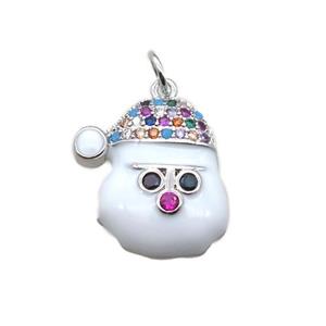 Christmas Snowman Charms Copper Pendant Micropave Zirconia White Enamel Platinum Plated, approx 15-18mm