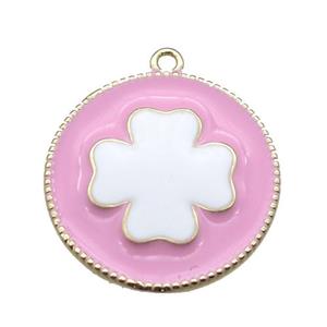 copper clover pendant with pink enameling, gold plated, approx 25mm dia