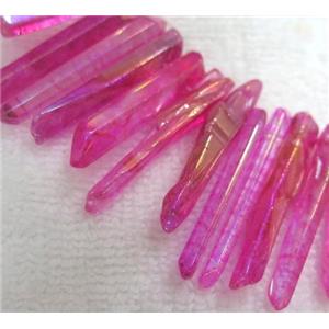 polished Clear Quartz stick beads, freeform, hotpink, approx 20-45mm