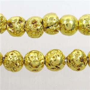 round Lava stone beads, gold electroplated, approx 6mm dia