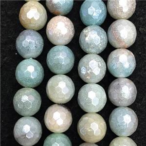 Amazonite stone beads, faceted round, Electroplated, approx 8mm dia