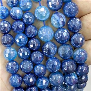 blue striped Agate beads with electroplated, faceted round, approx 10mm dia