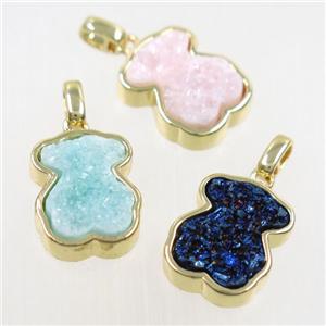 druzy quartz bear pendant, mix color, gold plated, approx 12-14mm