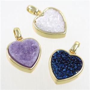 druzy quartz heart pendant, mix color, gold plated, approx 15mm