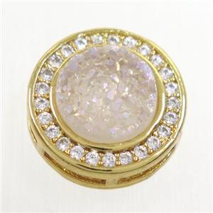 white AB-color Druzy Quartz beads pave zircon, flat-round, gold plated, approx 8mm, 13mm dia