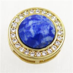 blue Lapis beads pave zircon, flat-round, gold plated, approx 8mm, 13mm dia