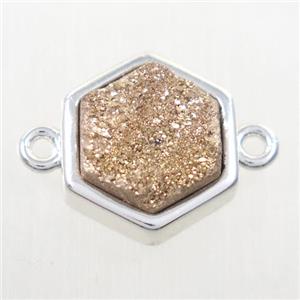 gold champagne Druzy quartz hexagon connector, platinum plated, approx 12mm