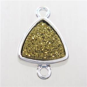 golden Druzy quartz triangle connector, platinum plated, approx 12mm