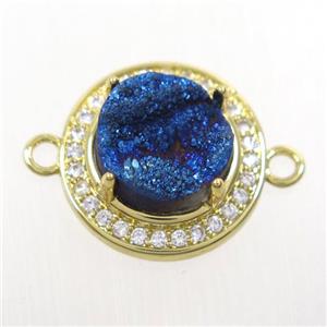 blue Druzy agate connector pave zircon, flat round, gold plated, approx 10mm, 16mm dia