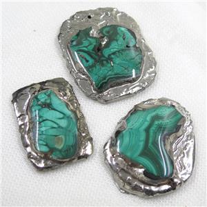 green Malachite pendant, freeform slice, platinum plated, approx 30-55mm