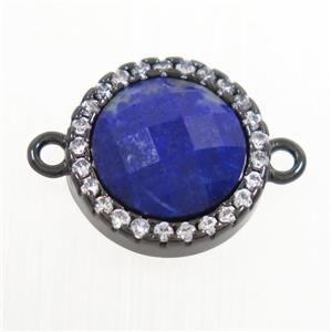 blue Lapis Lazuli connector paved zircon, circle, black plated, approx 11mm dia