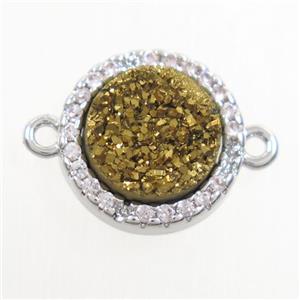 gold Druzy Quartz connector paved zircon, circle, platinum plated, approx 11mm dia