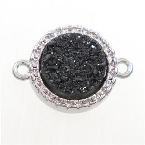 black Druzy Quartz connector paved zircon, circle, platinum plated, approx 11mm dia