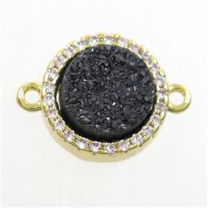 black Druzy Quartz connector paved zircon, circle, gold plated, approx 11mm dia