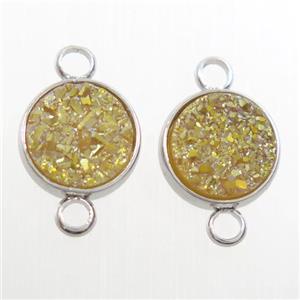 yellow Druzy Resin connector, circle, platinum plated, approx 8mm dia