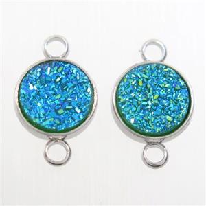 aqua Druzy Resin connector, circle, platinum plated, approx 8mm dia