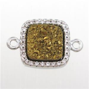 golden druzy quartz square connector pave zircon, platinum plated, approx 12x12mm