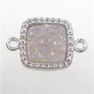 white ab-color druzy quartz square connector pave zircon, platinum plated, approx 12x12mm