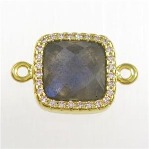 Labradorite square connector pave zircon, gold plated, approx 12x12mm