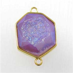 purple druzy agate connector, hexagon, gold plated, approx 17-20mm