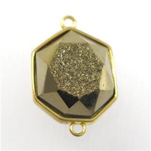 golden druzy agate connector, hexagon, gold plated, approx 17-20mm