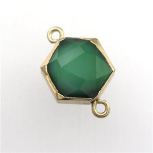 green Crystal glass connector, hexagon, gold plated, approx 14mm dia