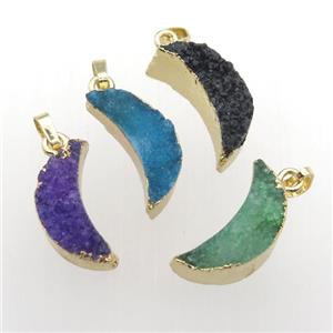 Quartz Druzy moon pendants, gold plated, mixed color, approx 7-20mm