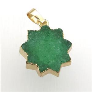 green Druzy Quartz sunflower pendant, gold plated, approx 20mm dia