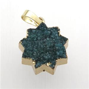 peacock green Druzy Quartz sunflower pendant, gold plated, approx 20mm dia